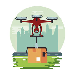 drone technology flying with box on the city