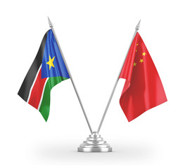 China and South Sudan table flags isolated on white 3D rendering