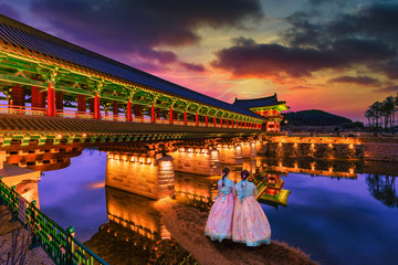 sunset at Woljeong Bridge at city of Gyeongju, South Korea.