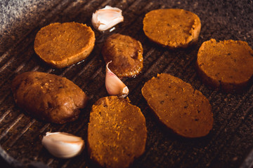 Cooking vegan food. Seitan is vegan meat for veggie burger