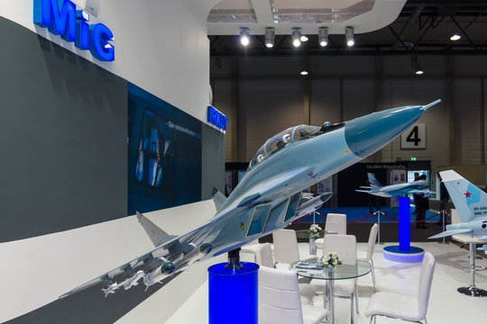 BERLIN, GERMANY - JUNE 01, 2016: The stand of Unated Aircraft Corporation (Russia). Model of Russian fighter aircraft Mikoyan MiG-29M2. Exhibition ILA Berlin Air Show 2016