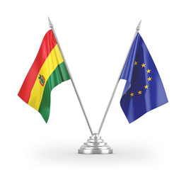 European Union and Bolivia table flags isolated on white 3D rendering