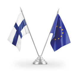 European Union and Finland table flags isolated on white 3D rendering