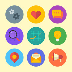 Business icon gears heart comments magnifier chart light bulb geotag letter megaphone. Vector Illustration