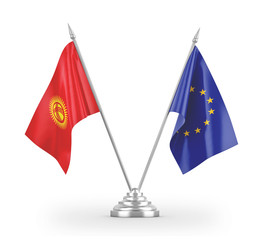 European Union and Kyrgyzstan table flags isolated on white 3D rendering