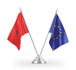 European Union and Morocco table flags isolated on white 3D rendering
