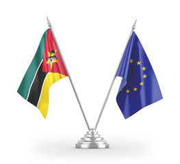 European Union and Mozambique table flags isolated on white 3D rendering
