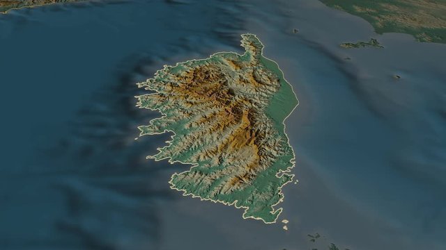 Corse, region with its capital, zoomed and extruded on the relief map of France in the conformal Stereographic projection. Animation 3D