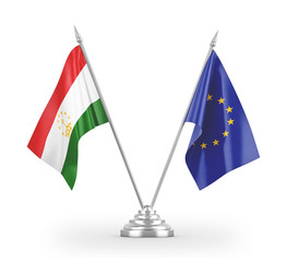 European Union and Tajikistan table flags isolated on white 3D rendering