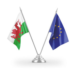 European Union and Wales table flags isolated on white 3D rendering