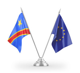 European Union and Congo Democratic Republic table flags isolated on white 3D rendering