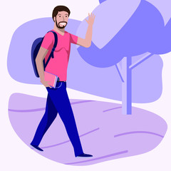 The moving student greets with a smile. Bearded guy with a backpack and books on the background of the Park. Flat illustration.