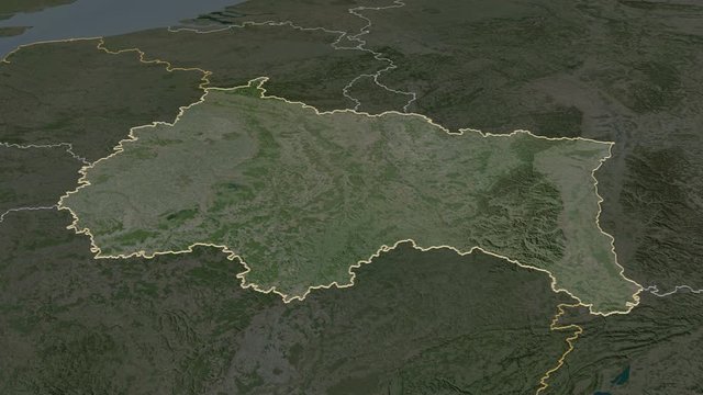 Grand Est, region with its capital, zoomed and extruded on the satellite map of France in the conformal Stereographic projection. Animation 3D