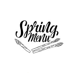 Obraz premium Spring menu – hand written sign with asparagus doodle illustration. Vector stock isolated on white background for food service place, restaurant, cafe, bar, bistro. EPS10