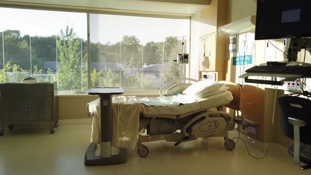 Establishing shot of empty modern hospital room