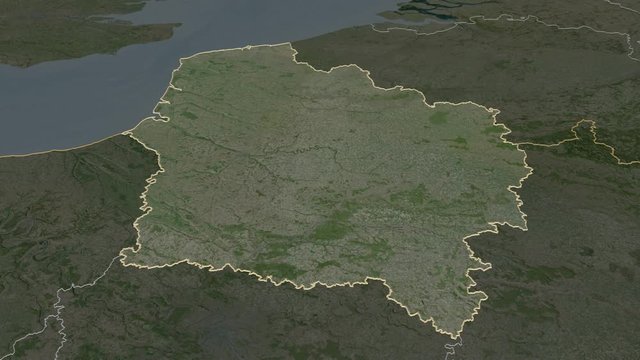 Hauts-de-France, region with its capital, zoomed and extruded on the satellite map of France in the conformal Stereographic projection. Animation 3D