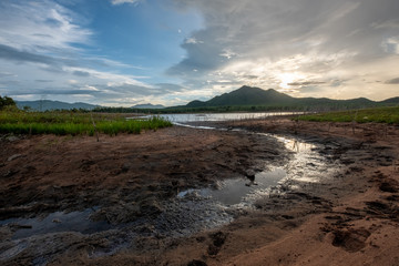 Rivers, mountains, sky and twilight in the evening
