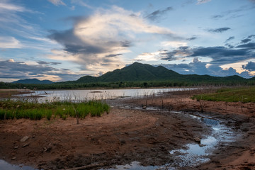 Rivers, mountains, sky and twilight in the evening
