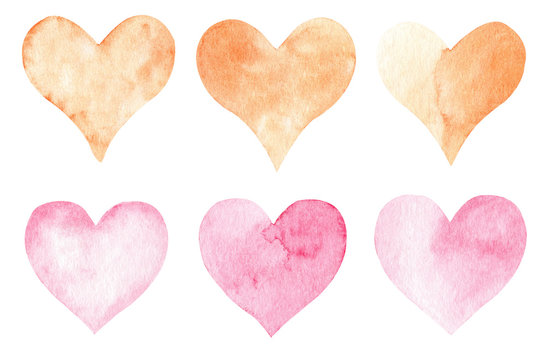 Hand drawn watercolor pink and orange heart set. Cute hearts collection isolated on white background.