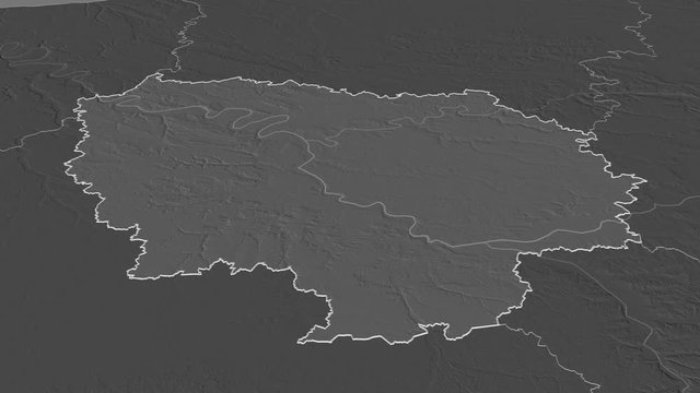 &Icirc;le-de-France, region with its capital, zoomed and extruded on the bilevel map of France in the conformal Stereographic projection. Animation 3D
