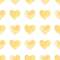 Seamless pattern with yellow hand drawn watercolor heart.