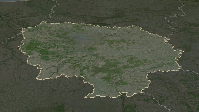 &Icirc;le-de-France, region with its capital, zoomed and extruded on the satellite map of France in the conformal Stereographic projection. Animation 3D