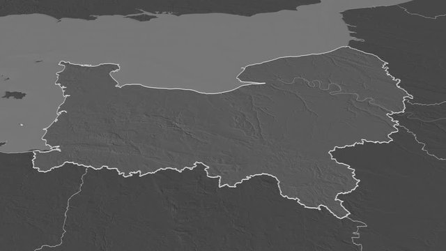 Normandie, region with its capital, zoomed and extruded on the bilevel map of France in the conformal Stereographic projection. Animation 3D