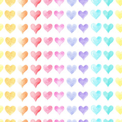 Watercolor colorful hearts seamless watercolor raster pattern.