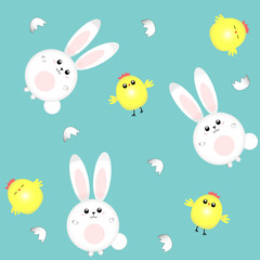 Children's pattern with chicken and bunnies.  Vector illustration. Print. Happy Easter.