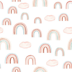 Watercolor seamless pattern with rainbows in warm pastel colors.