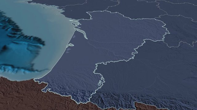 Nouvelle-Aquitaine, region with its capital, zoomed and extruded on the administrative map of France in the conformal Stereographic projection. Animation 3D