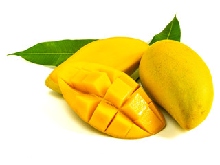 Ripe mango and mango leaves isolated on white