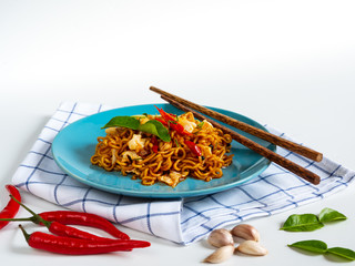 Fried noodle, isolated, white served, asian food concept