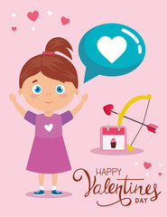 happy valentines day card with cute girl and decoration vector illustration design