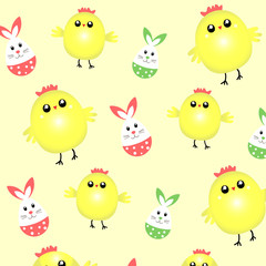 Easter children's pattern with chicken and bunnies. Happy easter. Vector illustration. Print.