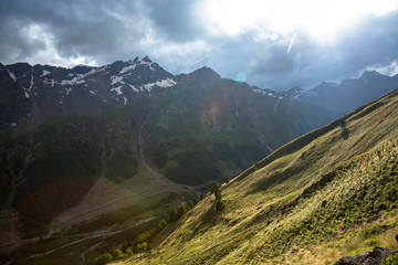 Overcast in mountains. Beautiful mountain rocks in clouds. Landscape of the North Caucasus
