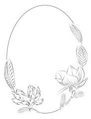 Fine art  hand painted magnolia flower. Grey floral oval graphic frame. Artistic floral illustration on white background. Can be used for wedding invitation, poster, greeting card, print, logotype