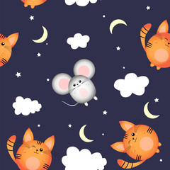 Motif avec un chaton, une souris et un nuage sur un fond de nuit sombre. Illustration vectorielle pour enfants. Rêves endormis. Imprimer.