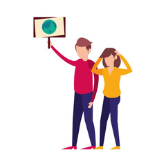 young couple protesting with earth planet in label characters