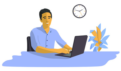 Fototapeta na wymiar Chinese office worker. Sitting at a table, working with a laptop. Flat illustration