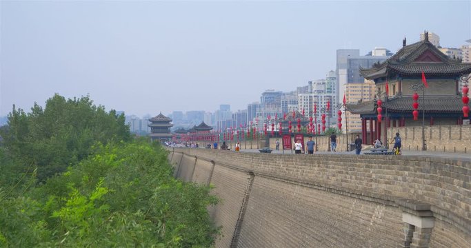 Famous Chinese ancient architecture stone city wall in Xian China