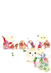 ひよこにとイースターエッグとイースターバニーのイラスト復活祭の縦スタイル背景素材