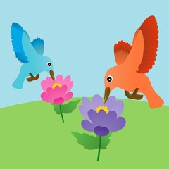 Illustration of Orange and Blue Bird and Pink and Purple Flower Cartoon, Cute Funny Character, Flat Design
