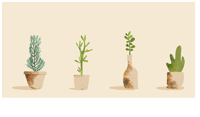 Set of decorative  pot plants.Minimalist vector illustration of spring home plant,rosemary  in pot plant.Watercolor Technics.Spring gardening concept.