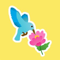 Sticker of Blue Bird and Pink Flower Cartoon, Cute Funny Character, Flat Design