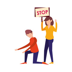 young couple protesting with stop label characters