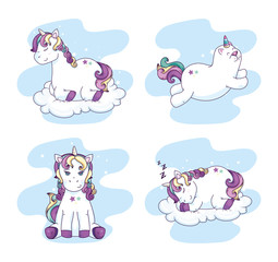 group of cute unicorns fantasy icons vector illustration design