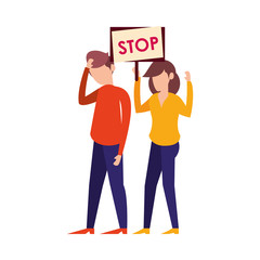young couple protesting with stop label characters