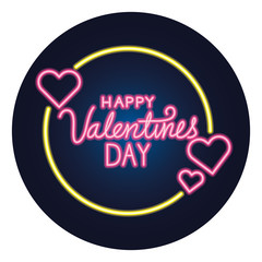 happy valentines day lettering with frame circular and hearts vector illustration design