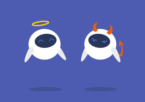 Advantages and risks of modern technologies, A pair of white robots dressed like an angel and a devil